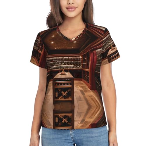 T-shirt col en V femme imprimé cave à vin coupe fluide anti-plis