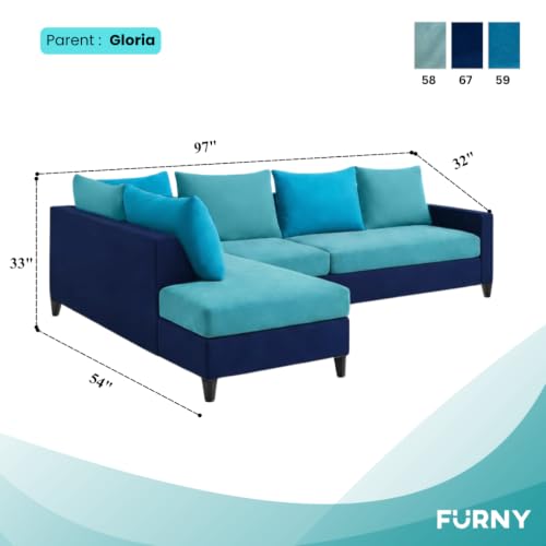 Image of FURNY Glory 6 Seater LHS Fabric Sofa Set (Dark Blue-Aqua Blue-Sky Blue) with Velvet Finish | Durable Comfort | Ideal for Living Room | Breathable material