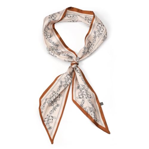 1PC Floral Print Hair Scarf, Purse Bag Scarfs For Handbags, Silky Long Thin Satin Headscarf for Women, Fashionable Hair Accessory for Casual Wear, Stylish Headwrap for Daily Use(Brown&White)