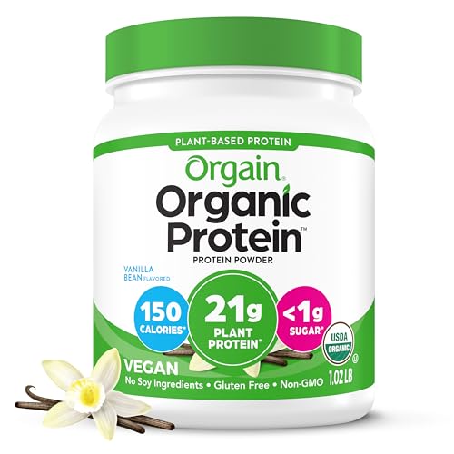 Orgain Organic Vegan Protein Powder, Vanilla Bean - 21g Plant Based Protein, 4g Prebiotic Fiber, No Lactose Ingredients, No Added Sugar, Non-GMO, For Shakes & Smoothies, 1.02 lb (Packaging May Vary)