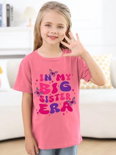 Image of Funnycokid Big Sister Shirts for Girls 4T 3T T-Shirt Pink Size 4 Pregnancy Announcement Toddler Promoted to Short Sleeve Butterflies Gifts