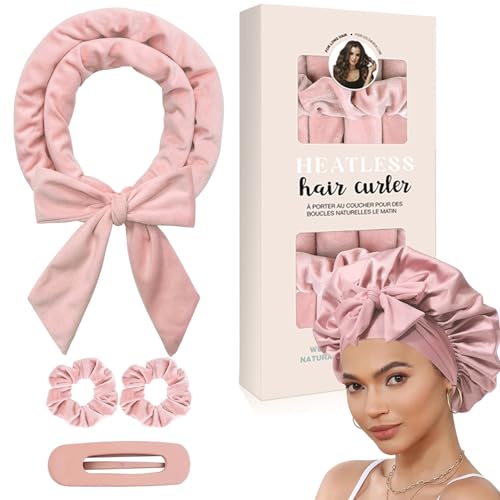 Juego de 5 rizadores de cabello sin calor, rizadores de satén para dormir con coleteros y gorro, rodillos de pelo sin calor para ondas nocturnas, horquilla incluida