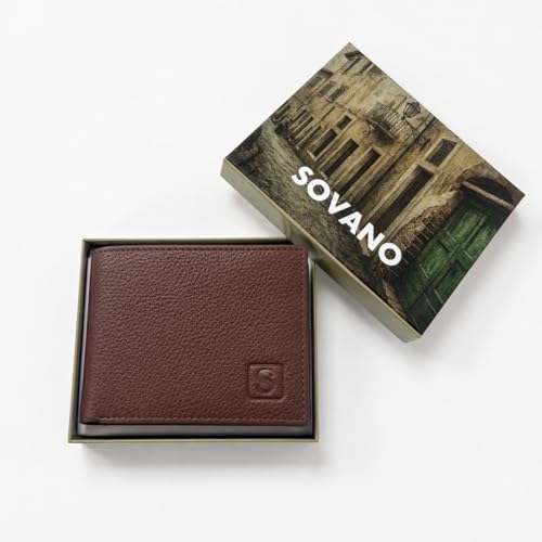 Image of SOVANO Genuine Leather Wallets for Man Original Bi Fold Slim Mens Wallets Design with RFID Protection ID Window Easy Access 6 Card Slots 2 Hidden Pockets Compact Gift for Men (Tan)