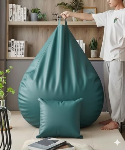 Image of Luxury 5XL Jumbo Bean Bag with Footrest & Cushion | Premium Leatherette | High-Density Beans Filled | Heavy Duty Double Stitch | 6 Months Warranty Color- (Navy Blue) (Aqua)