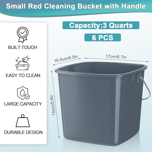 Image of Zhehao 6 Pcs 3 Quart Bucket for Cleaning Small Sanitizer Bucket for Restaurant Square Plastic Pail with Handles for Home, Offices, Commercial Use, Food Service(Gray)