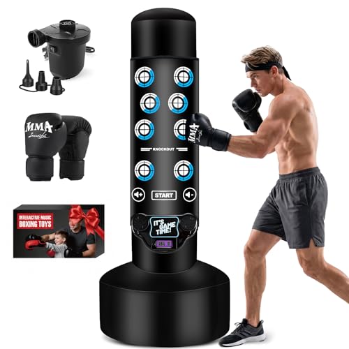 Upgraded Punching Bag for Adults with Interactive Boxing Music Mat, 69'' Boxing Bag with Music Pad, Scoring, Light, Boxing Gloves and Electric Air Pump, Kickboxing Bags for Beginners Training MMA