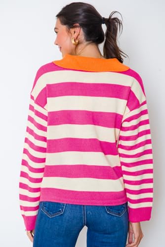 Women's Rose Stripe Color Block Collared V Neck Drop Shoulder Sweater2