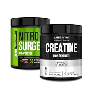 Jacked Factory NITROSURGE Pre Workout Supplement – Instant Strength Gains & Intense Pumps (30 Servings, Sour Peach Rings) & Creatine Monohydrate for Muscle Growth (30 Servings, Unflavored)