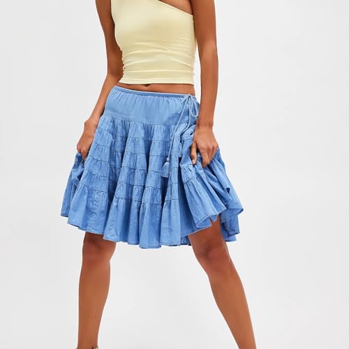 Women Boho Drawstring Tie Up Midi Skirt Ruffle Pleated Tiered Knee Length Flowy A Line Mini Short Skirts Summer2