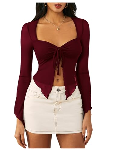 WDIRARA Women's Long Sleeve Front Tie Top Sexy Mesh Bell Sleeve Shirt
