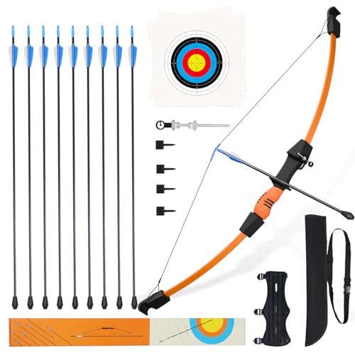 40' Youth Bow and 28' Arrow Set for Kids 8-12 & Teens - Ambidextrous Recurve Archery Gear with 9 Safety Arrows, 4 Target Faces, Arm Guard - Perfect Backyard Gift for Beginner Archers and Outdoor Fun