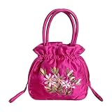 Geldbörse mit Kordelzug, bestickt, ethnisches Blumenmuster, chinesische Hanfu-Handtasche, Münzbeutel, Damen, Hochzeit, Brautschmuck, Süßigkeitenbeutel, Rosenrot, 19.00X19.00X6.00cm/7.47X7.47X2.36in