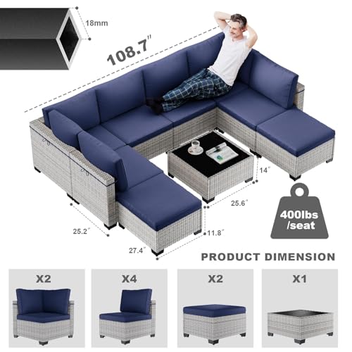 Image of Outdoor PE Wicker Rattan Modular Patio Sectional Sofa Set | 9-Piece: 6 Modular Seats, Coffee Table & 2 Ottomans, Navy Blue