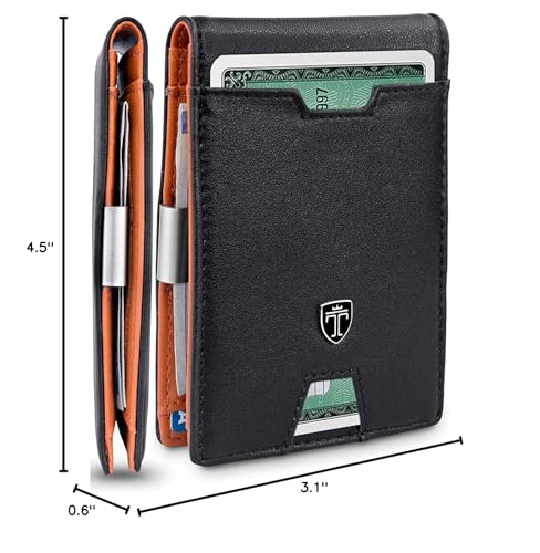 Image of TRAVANDO Money Clip Wallet - RFID Protected Leather Wallet for Men for 11 Cards - including Gift Box (Black & Orange)