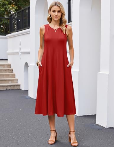 Image of HOTOUCH Summer Casual Dresses for Women Sleeveless Midi Dress Swing Tank Sundress Pleated Tshirt Dress with Pockets