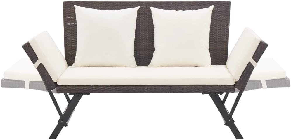 Outdoor Sun Bed Brown Rattan, Creamy White Cushions,Cozy Outdoor Garden Bench with Convertible Functionality for Comfort and Style Patio Furniture