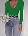 SAUNGKUAI Women's Plunge Deep V Neck Long Sleeve Bodysuit Double Lined Thong Body Suit Shirt Tops Green L
