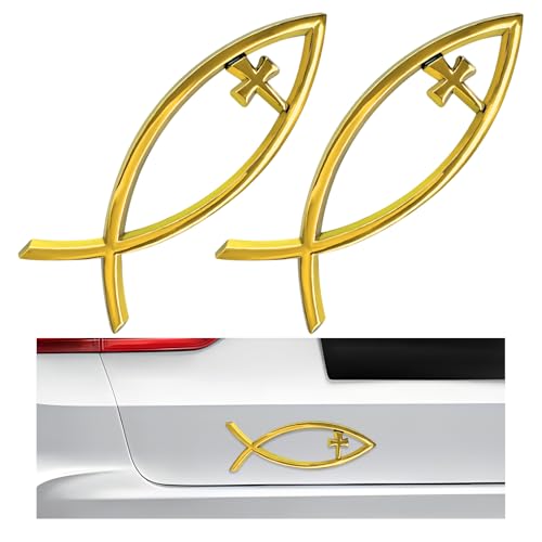 Image of 2PCS Christian Cross Fish Car Emblem, Large Jesus Fish Cross Auto Emblem Badge Bumper Sticker, Weatherproof Christian Fishes Symbol Ichthus Religious Decal for Most Vehicles (Golden+Golden)