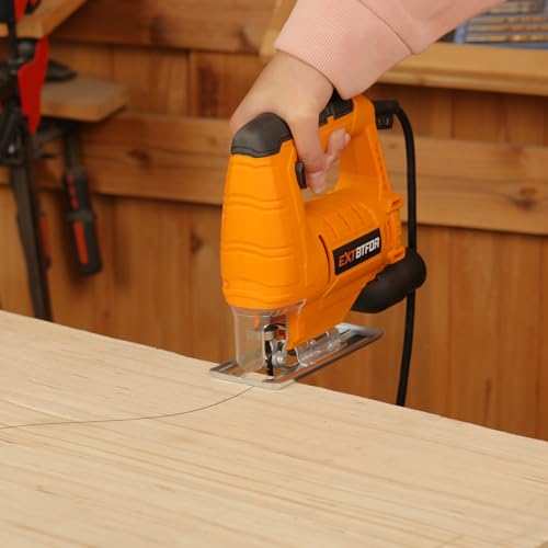 Jig Saw,350W Electric Jigsaw Tool with 45 Bevel Cutting, 0-3000RPM Wood Cutter Hand Saw, 2Pcs Blades and Dust Exhaust Pipe for Small Woodworking and DIY Projects