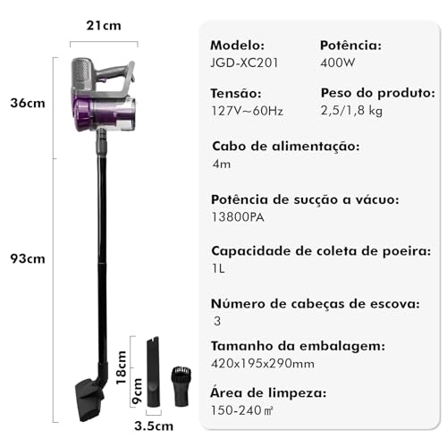 Aspirador de Pó Vertical, Cabo de Alimentação de 4 Metros, Proteção Automática Contra Desligamento,