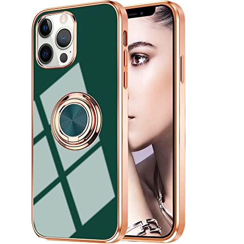 Omorro Compatible with Rose Gold iPhone 14 Pro Case for Women Girls Kickstand Ring Holder 360 TPU Rotation Ring Case with Stand Plating Edge Work with Magnetic Mount Slim Luxury Case, Green