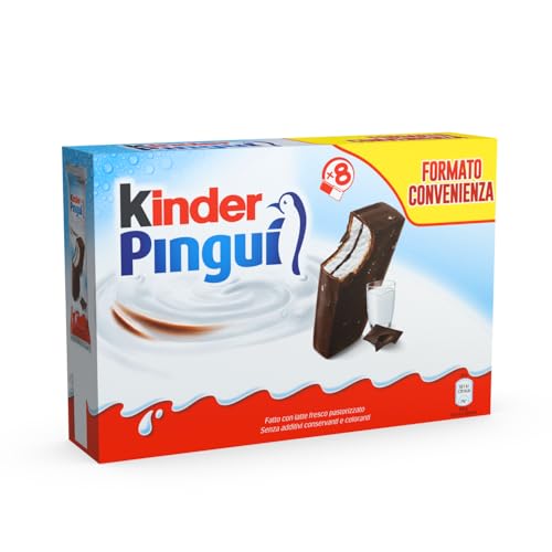 Kinder Pinguì - 8 Merendine fresche di Pan di Spagna, Ricoperto al Cioccolato, con Farcitura al Latte, Ottimo a Merenda, Confezione da 240 Grammi