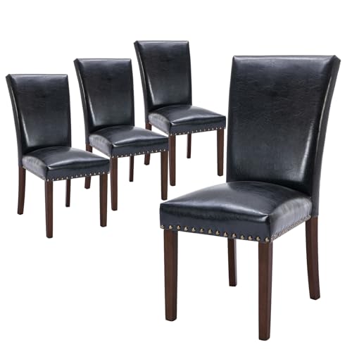 Image of COLAMY Upholstered Parsons Dining Chairs Set of 4, PU Leather Dining Room Kitchen Side Chair with Nailhead Trim and Wood Legs - Black