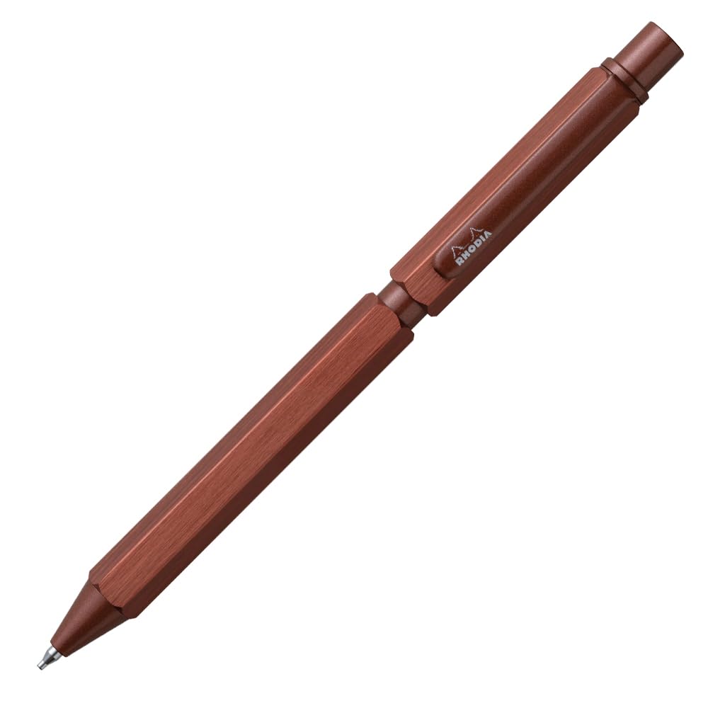 Rhodia 9348C - Multipen Script 3-in-1-2 Ballpens 0.5mm Black & Red + 1 Graphite Pencil Lead 0.5mm - Hexagonal Body Brown Aluminium Refillable - Eraser Pusher