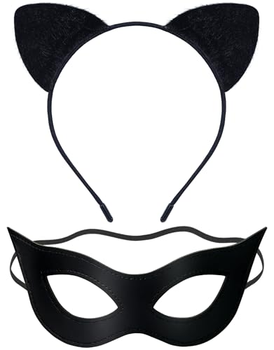 QXDBNXQ Cat Woman Mask and Cat Ears Headband for Women Cat Women Costume Accessories Black Cat Eye Superhero Mask for Halloween Masquerade PU Leather