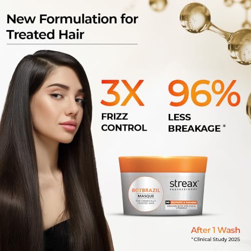Image of Streax Professional Botbrazil Masque,For Chemically Treated Hair With Vita Oil Complex,Hydrating Hair Mask For Deep Repair & Nourishment For Keratin, Colour & Straightened Hair,200 Gram