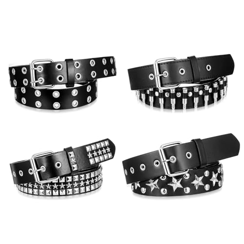 4 Pcs Black Studded Belt Faux Leather Gothic Goth Black Gothic Punk Rock Belts with Grommet Threads Bright Metal Pyramid for Women Men - Ideal Gift(49 Inch)