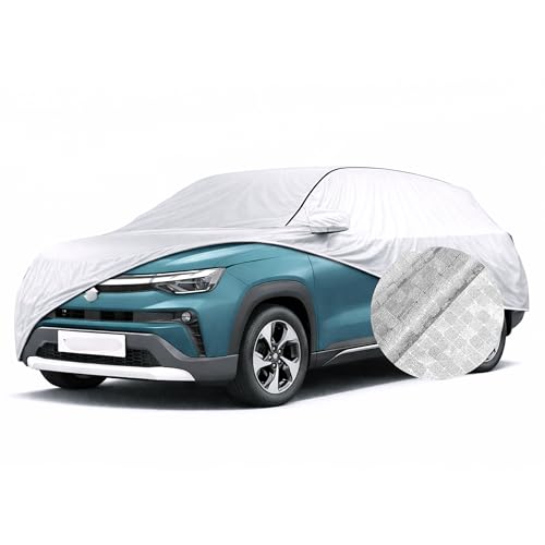 Image of SEAZEN Waterproof Car Cover for Maruti Victoris | Dustproof, UV & Scratch Resistant Soft Cotton Lining | Triple Stitched, Mirror Pockets & Elastic Hem | Metallic Silver with Black Piping
