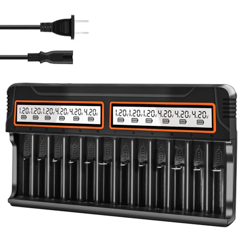 18650 Battery Charger, WAVYPO 12 Bays Smart Universal LCD Charger for Rechargeable Li-ion LiFePO4 IMR AA AAA Ni-MH Ni-Cd Batteries (Not fit 21700)