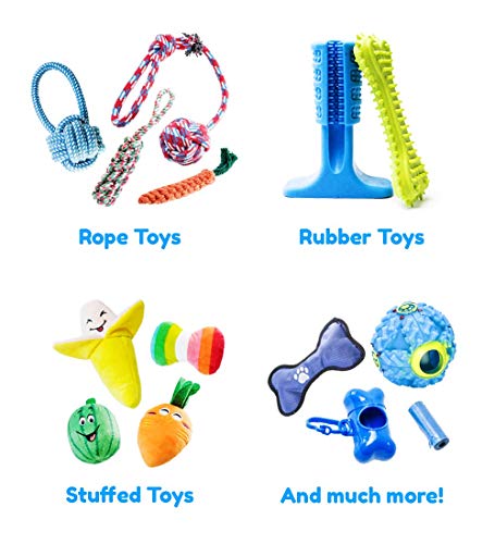 Pacific Pups Products supporting PacificPupRescue.com - 18 Piece Dog Toy Set with Dog Chew Toys, Rope Toys for Dogs, Plush Dog Toys and Dog Treat Dispenser Ball - Supports Non-Profit Dog Rescue