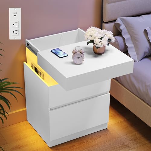 VASAGLE Kailyn Collection - Nightstand with Power Outlets, Sliding Lid, Modern Bedside Table with LED Lights, End Table, 2 Drawers, 15.7 x 18.9 x 26.8 Inches, Cloud White ULET650WB01S 1 PACK