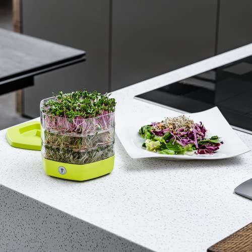 Foto von Keimschale Set mit 3 Etagen ø17 cm - Keimsprossenbox Set für Sprossen, Kressesamen, Microgreens - Sprossenturm mit 3 Kresse Anzuchtschalen - Design Kressesieb aus hochwertigem Kunststoff (Avocado)