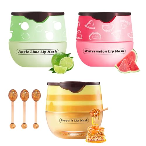 3Pcs Bee Lip Balm Honey Pot with Stick, Lip Mask Day And Night Repair and Care, Moisturizing Lip Sleeping Cream, Silky Hydrate Repair Prevent Dry Cracked Lip Exfoliator(Honey+Apple Lime+Watermelon)