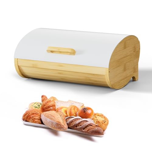 Modern Bread Box for Kitchen Countertop, Bamboo Storage Container with Stainless Steel Lid, Bread Storage Bin for Homemade Bread, Kitchen Storage Container for Potato and Onion and Fruit (White Large)