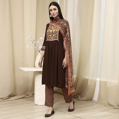 Image of BIBA Women Rayon Viscose Gathered Solid Suit Set