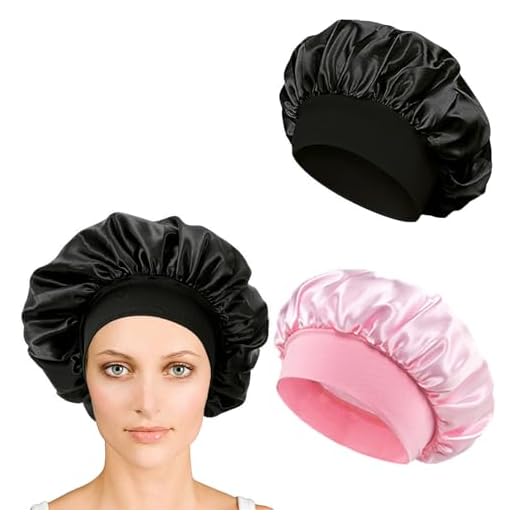 iLamvie 2 Piezas Gorro De Seda,Gorro De Seda para Dormir para Pelo Rizado con Banda Ancha Elástica para Mujeres Y Niñas, Gorro De Saten para Dormir Pelo Rizado(Rosa+Negro)