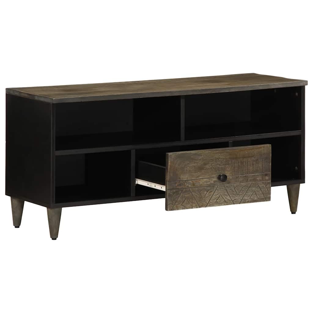 TV-Schrank 100x33x46 cm, Massivholz Mango Schwarz, handgeschnitzt, mit Schublade und Fächern für Wohnzimmer, Media Konsole