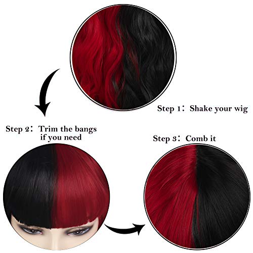 Baruisi Half Black Half Red Wig Long Curly Wavy Synthetic Heat Resistant Bangs Wig For Women #TOP4