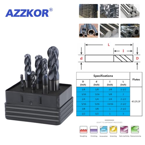 Image of Carbide Ball Nose EndMill HRC50 Double Edge 4 Flute TiAlN Coating Tungsten Steel Milling Cutter for Metal Steel 1 /8,3 /16,1 /4,5 /16,3 /8,1 /2 Series 6pcs Set