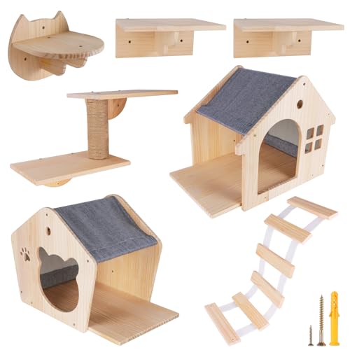 LazyWomen Cat Wall Furniture Cat Wall Shelves, Large Cat Climbing Shelves Set of 7 Wall Mounted Cat Furniture, with Cat Apartment, Cat Scratching Post, Perches Platform, for Cat Climbing & Resting