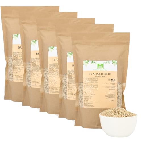 Brauner Reis Vollkorn 5kg von Green Essence - Naturreis Vollkornreis Reich an Ballaststoffen - Teilweise Geschält Langkornreis - Long Grain Brown Rice