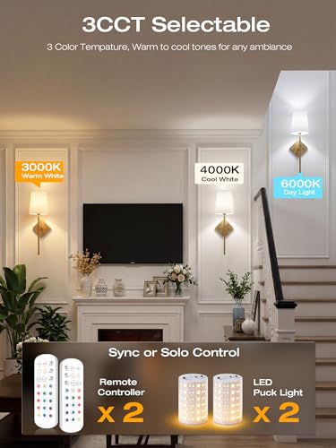 Image of CLOUDY BAY 10000mAh Battery Operated Wall Sconces,Up to 100 Hours with Rechargeable RGB Dimmable Magnetic Bulb,Cordless Wall Lighting Fixtures with Remote for Bedroom,Soft Gold,2 Pack-18inch