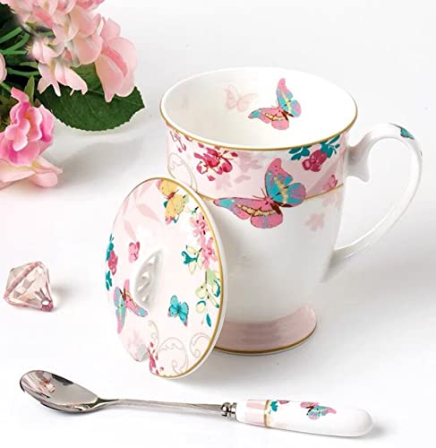 Eplze YBK Tech Euro Style Porcelain Tea Cup Coffee Mug with Lid for Breakfast Home Kitchen ((Butterflies Pattern) (Pink)) - Image 3