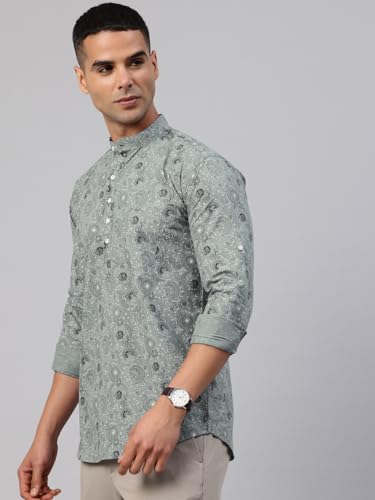 Image of Majestic Man Men's Pure Cotton Printed Mandarin Collar Regular Fit Roll-Up Sleeves Short Kurta