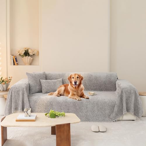 Image of STACYPIK Comfy Gray Sofa Cover Chenille Cats Dogs Scratch Resistant Couch Cover L Shaped Furniture Protector for 3 Cushion Couch Loveseat Cover Non Slip Sofa Silpcover with Tassle Washable-71X118IN