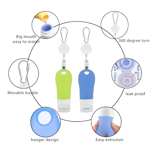 LUEXBOX 4 PACK Portable Travel Bottle Set, Leakproof Silicone Bottles with Stretchable Lanyard, Travel Sized Empty Liquid Bottles Container, Reusable, Squeezable and Refillable (Blue & Green)3